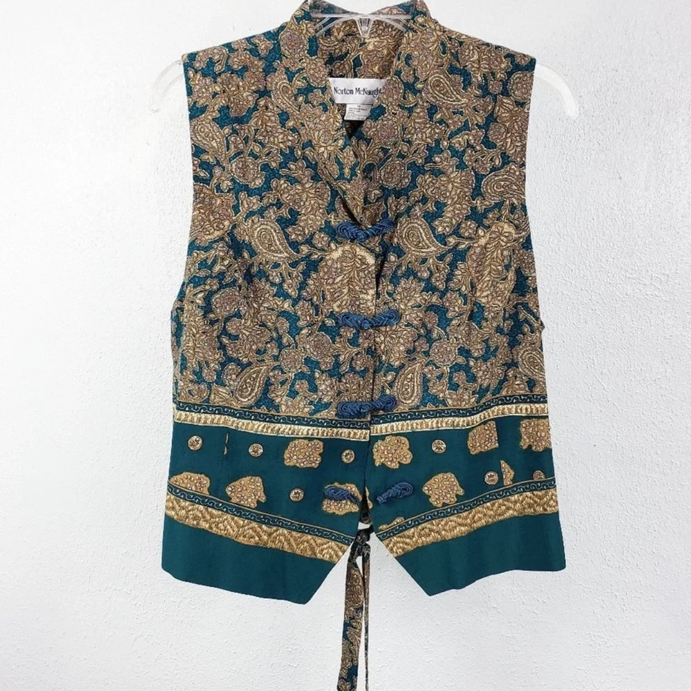 Norton Mcnaughton Vintage Forest Green & Gold Woman’s Sarong & Vest Suit Set - Picture 15 of 16